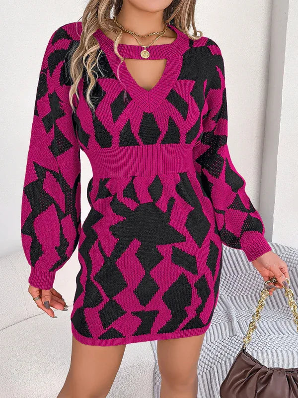 Casual Colour-Blocked Sweater Dress with Hollow Lantern Sleeves and Waist Design - Shello's Creative Boutique
