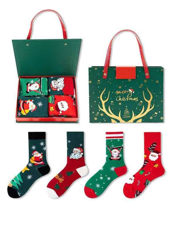 Christmas Santa Socks Gift Box Set - 4 Pairs Festive Cotton Socks for Holiday Fun - Shello's Creative Boutique