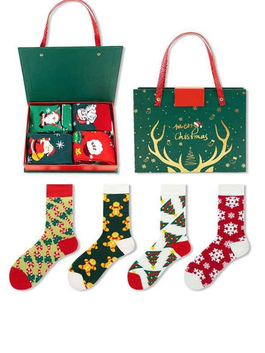 Christmas Santa Socks Gift Box Set - 4 Pairs Festive Cotton Socks for Holiday Fun - Shello's Creative Boutique