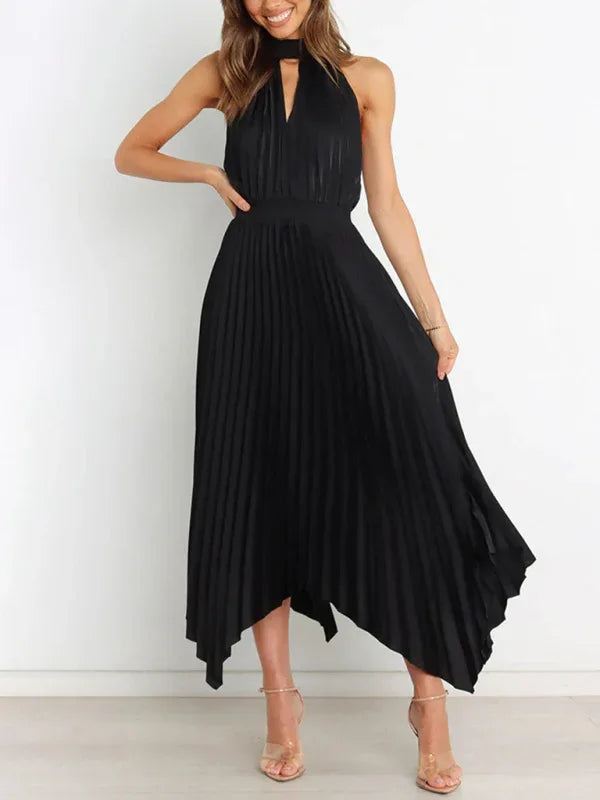 Women's Folded Sleeveless Halterneck V-Neck Irregular Skirt Dress – Chic, Confident, and Timeless - Shello's Creative Boutique