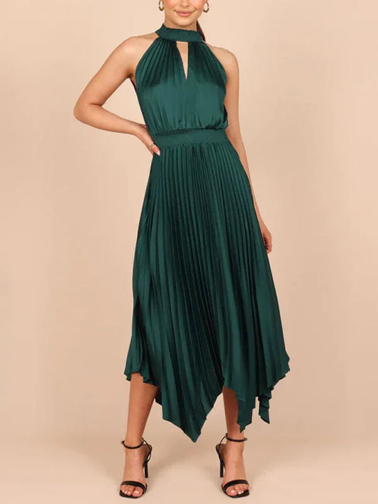Women's Folded Sleeveless Halterneck V-Neck Irregular Skirt Dress – Chic, Confident, and Timeless - Shello's Creative Boutique