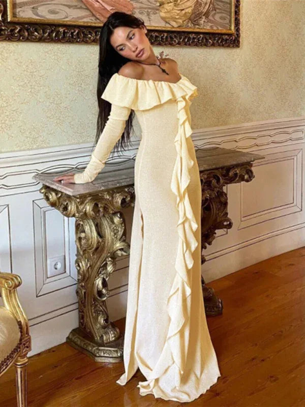 Women’s Slim-Fitting Long Dress with High Slit – Bold & Elegant One-Piece Neckline - Shello's Creative Boutique