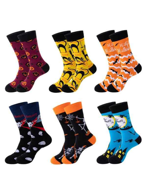 New Trendy Halloween Socks with Skull, Vampire, Pumpkin, and Bat Design - Mid-Tube Style - Shello's Creative Boutique