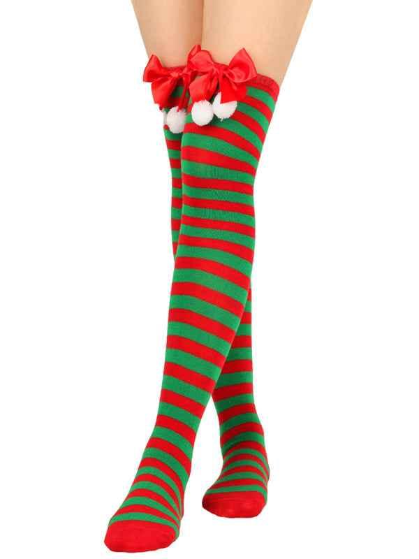 New Christmas Striped Over the Knee Socks for Women - Bow Design Ball Socks - Shello's Creative Boutique
