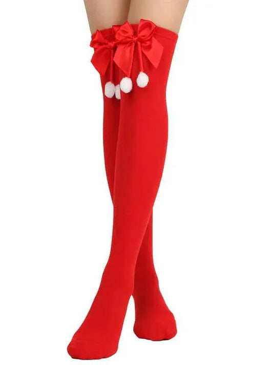 New Christmas Striped Over the Knee Socks for Women - Bow Design Ball Socks - Shello's Creative Boutique