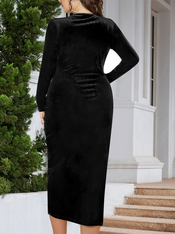 Gold velvet V-neck bodycon and sexy pleated wrap dress Shello's Creative Boutique