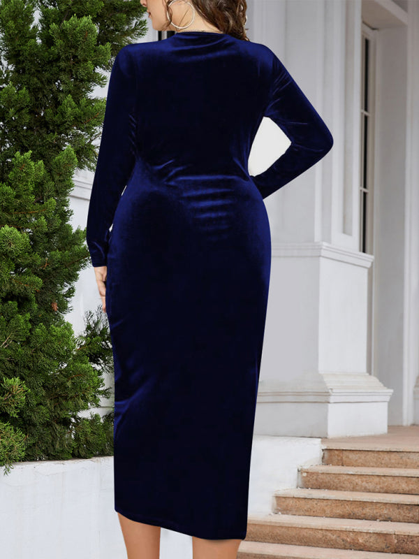 Gold velvet V-neck bodycon and sexy pleated wrap dress Shello's Creative Boutique