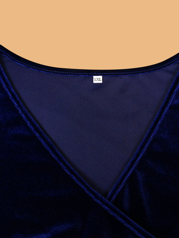 Gold velvet V-neck bodycon and sexy pleated wrap dress Shello's Creative Boutique
