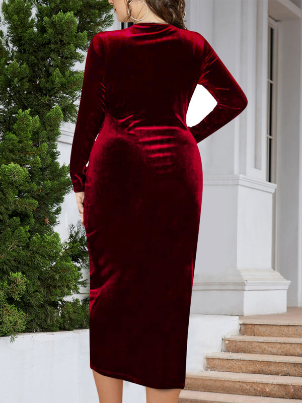 Gold velvet V-neck bodycon and sexy pleated wrap dress Shello's Creative Boutique