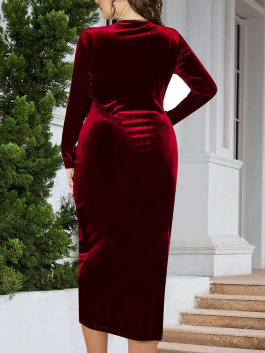 Gold Velvet Bodycon Dress with V-Neck Wrap Design - Shello's Creative Boutique