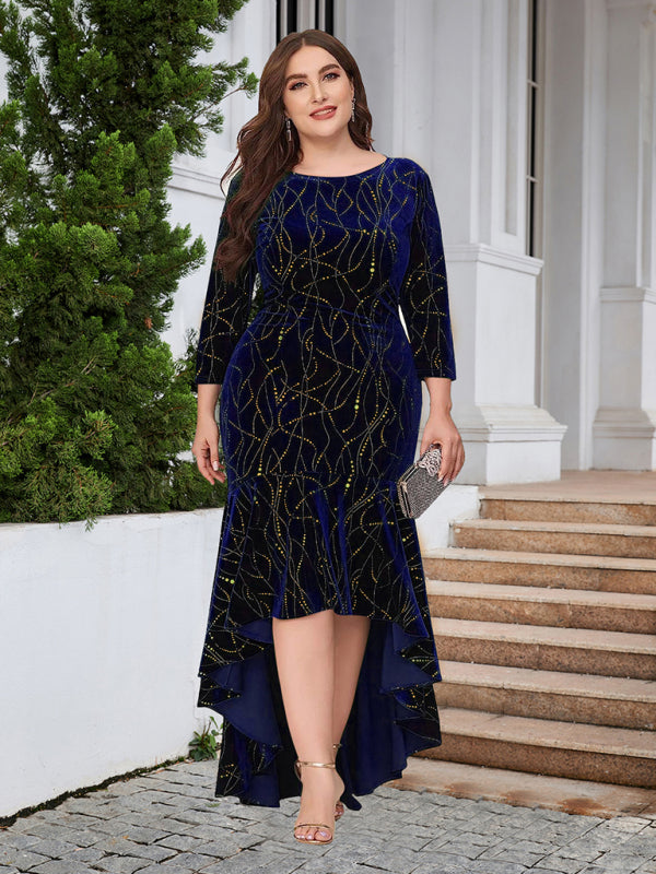 Three-quarter sleeve mermaid high-low hem maxi velvet dress Shello's Creative Boutique