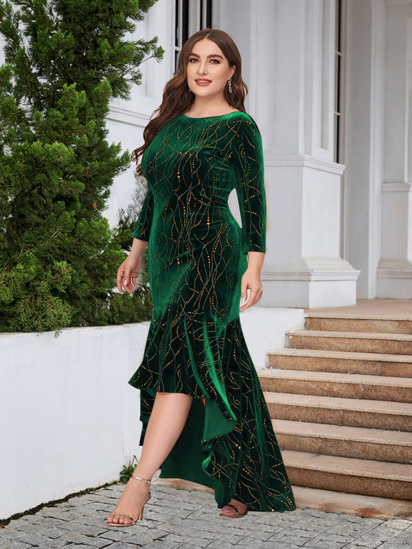 Three-quarter sleeve mermaid high-low hem maxi velvet dress Shello's Creative Boutique