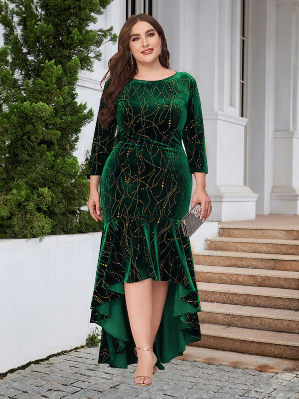 Three-quarter sleeve mermaid high-low hem maxi velvet dress Shello's Creative Boutique