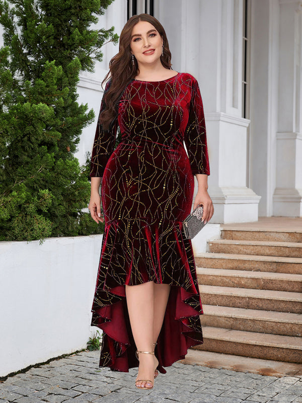 Three-quarter sleeve mermaid high-low hem maxi velvet dress Shello's Creative Boutique