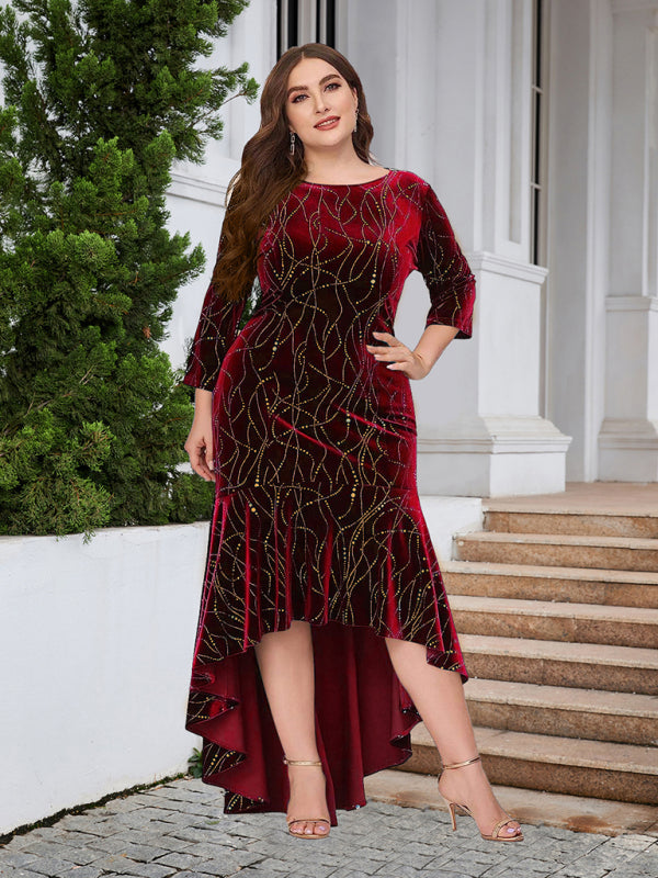 Three-quarter sleeve mermaid high-low hem maxi velvet dress Shello's Creative Boutique