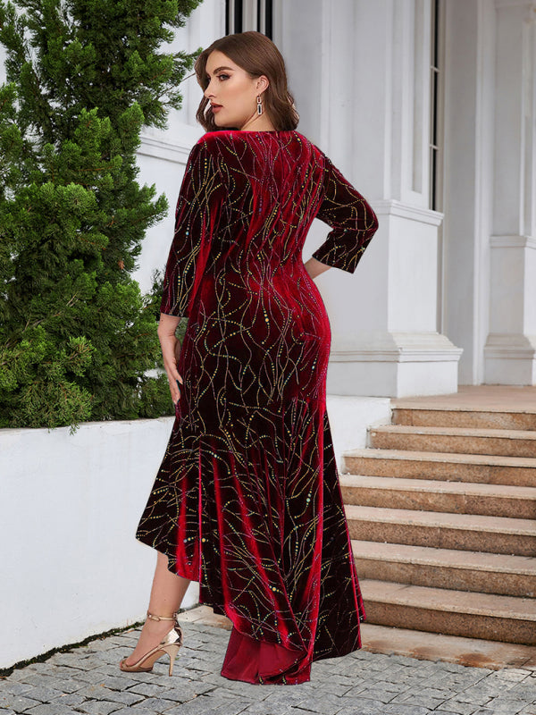 Three-quarter sleeve mermaid high-low hem maxi velvet dress Shello's Creative Boutique