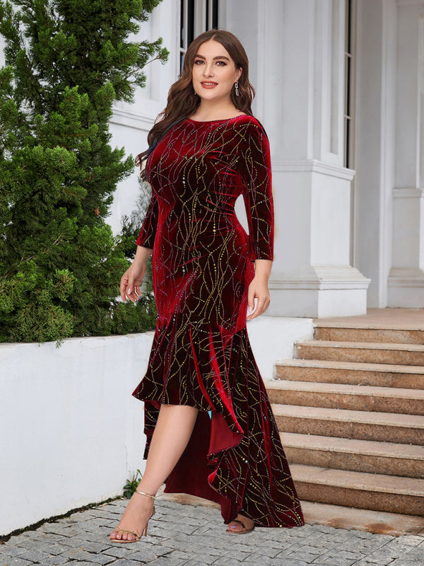 Three-quarter sleeve mermaid high-low hem maxi velvet dress Shello's Creative Boutique