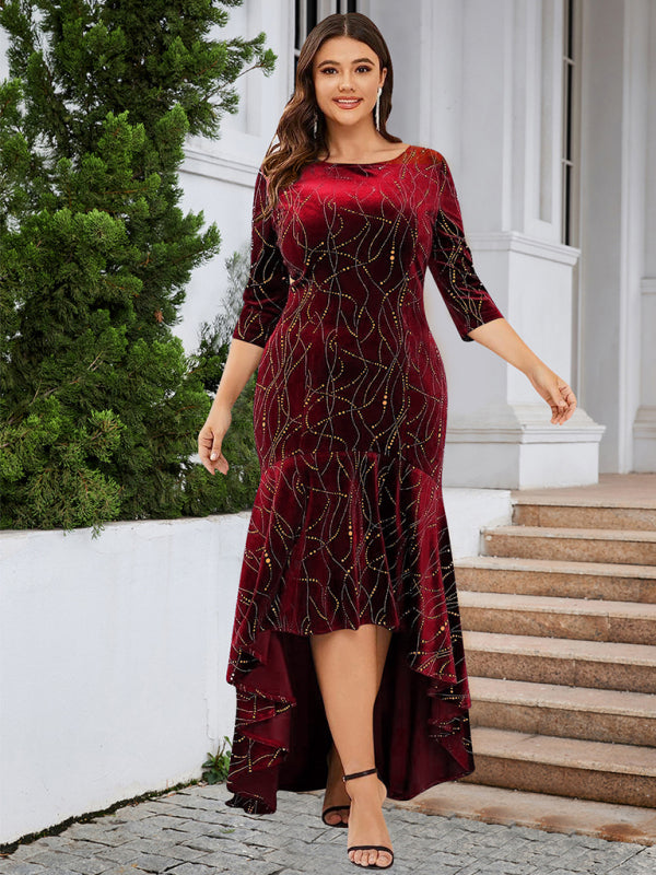 Three-quarter sleeve mermaid high-low hem maxi velvet dress Shello's Creative Boutique