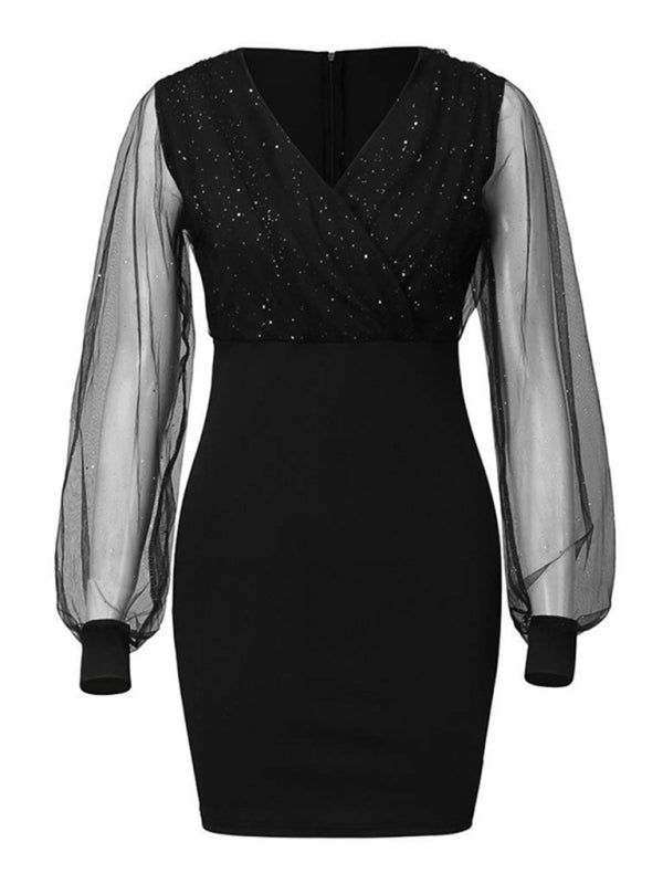 Mesh V-neck sequined long-sleeved dress slim dress for women Shello Creative Boutique