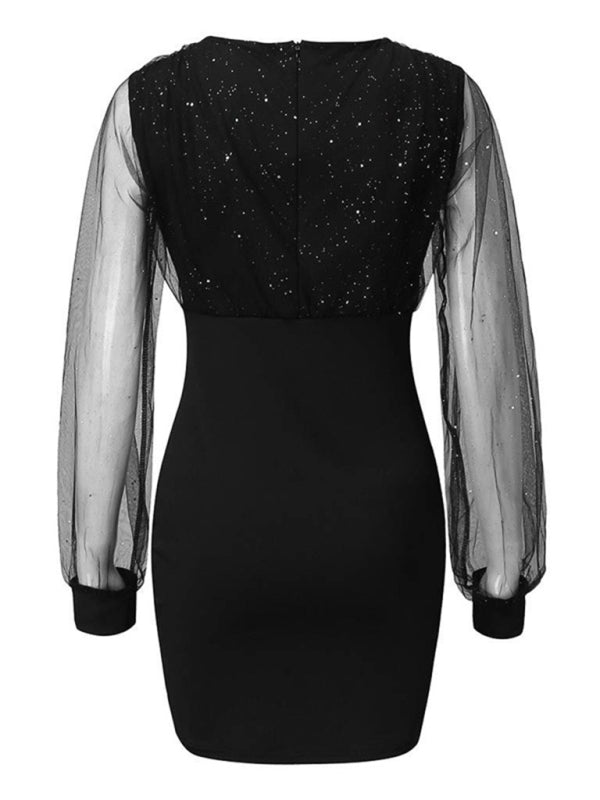 Mesh V-neck sequined long-sleeved dress slim dress for women Shello Creative Boutique