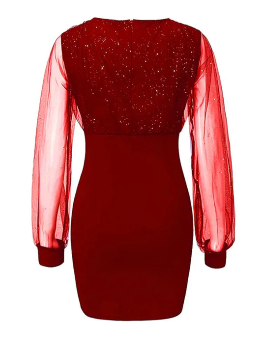 Mesh V-Neck Sequined Long-Sleeved Slim Dress for Women - Shello's Creative Boutique