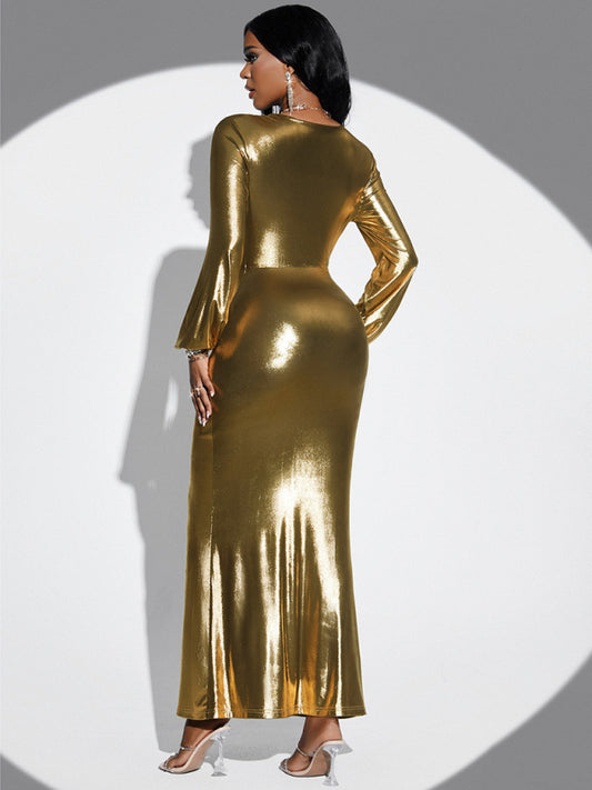 Solid Color Twist Long Sleeve Slit Dress Shello's Creative Boutique