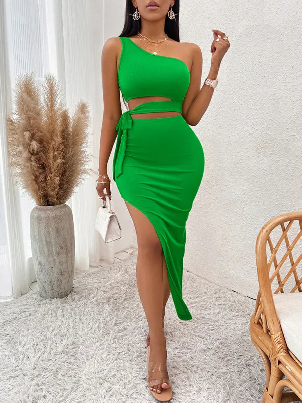Women's Slope Neck Dress – Stylish Solid Colour Design for Spring-Summer Casual Wear - Shello's Creative Boutique