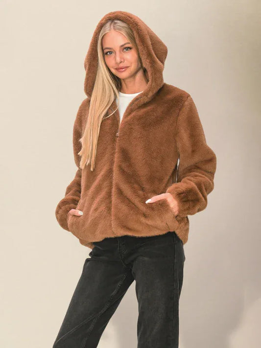 Women's Hooded Plush Jacket - Cozy Zippered Layer for Stylish Comfort - Shello's Creative Boutique