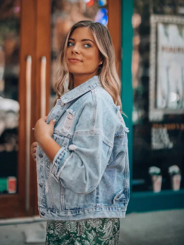Women's Casual Handmade Frayed Denim Jacket - Shello's Creative Boutique