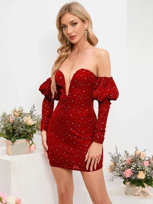 Sexy Chest-Wrapped Short Skirt Starry Sky Deep V Drop Shoulder Fashion Hot Girl Dress - Shello's Creative Boutique
