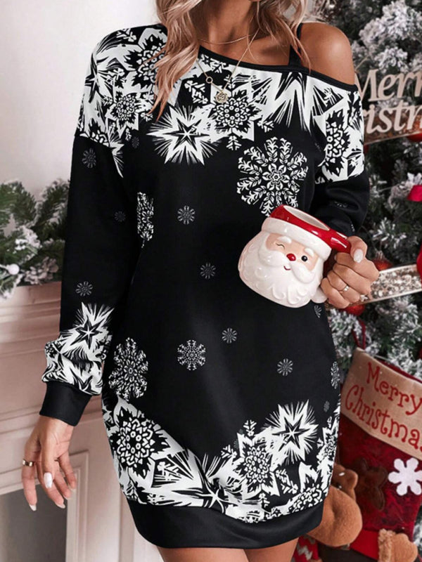 Women's Christmas printed off-shoulder autumn and winter dress Shello's Creative Boutique