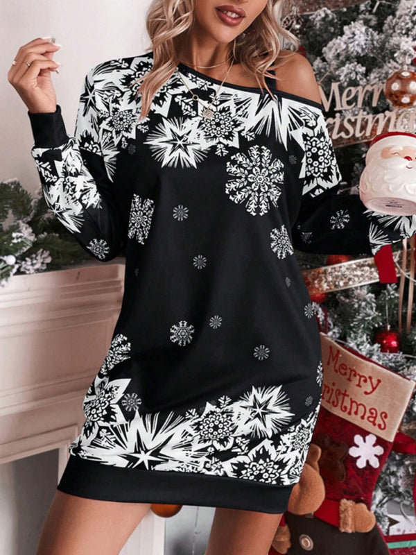 Women's Christmas printed off-shoulder autumn and winter dress Shello's Creative Boutique