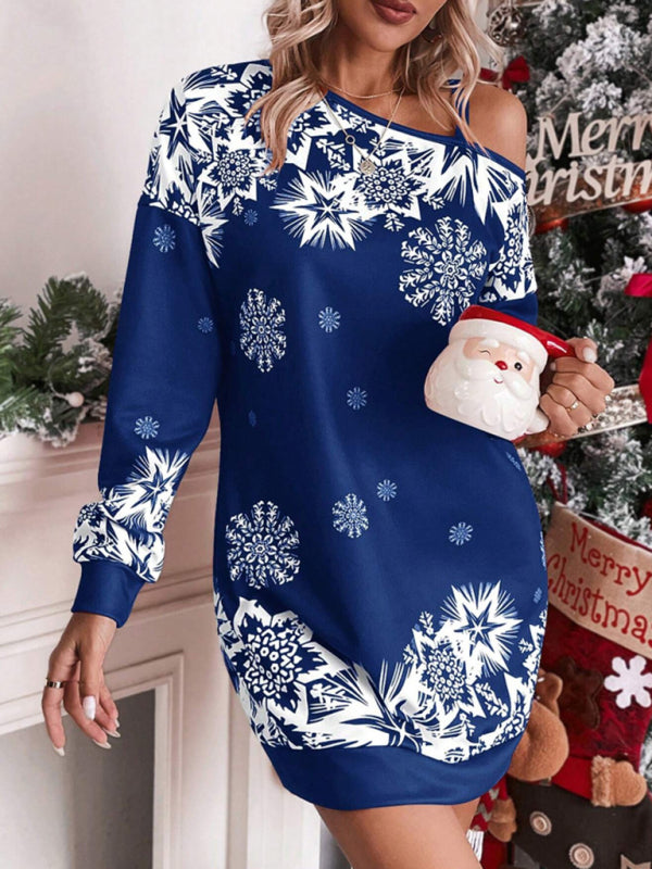 Women's Christmas printed off-shoulder autumn and winter dress Shello's Creative Boutique