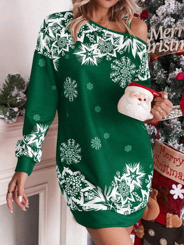Women's Christmas printed off-shoulder autumn and winter dress Shello's Creative Boutique