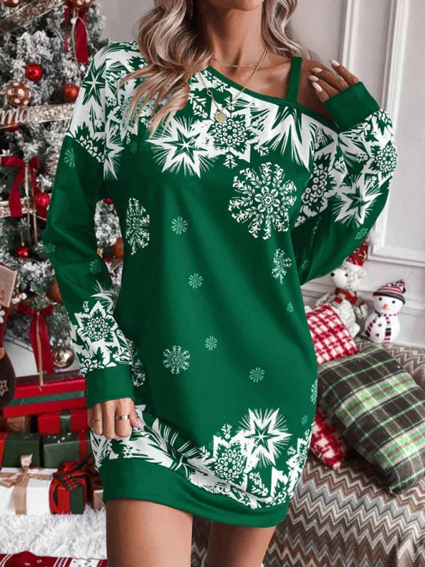 Women's Christmas Printed Off-Shoulder Autumn and Winter Dress – Shello Creative Boutique - Shello's Creative Boutique