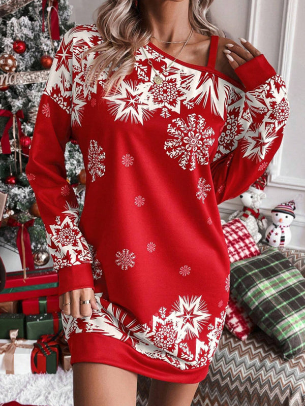 Women's Christmas printed off-shoulder autumn and winter dress Shello's Creative Boutique