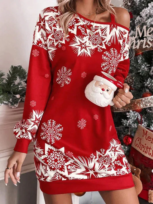 Women's Christmas Printed Off-Shoulder Autumn and Winter Dress – Shello Creative Boutique - Shello's Creative Boutique