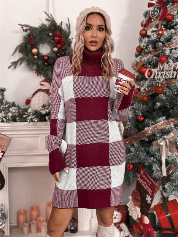 Christmas turtleneck loose slimming plaid contrast sweater dress Shello's Creative Boutique