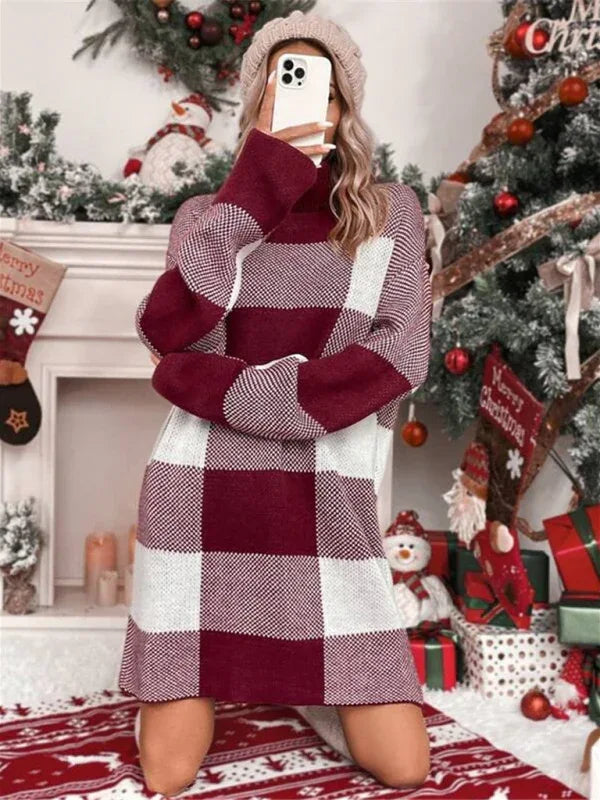Turtleneck Loose Slimming Plaid Turtleneck Sweater Dress for Stylish Comfort - Shello's Creative Boutique