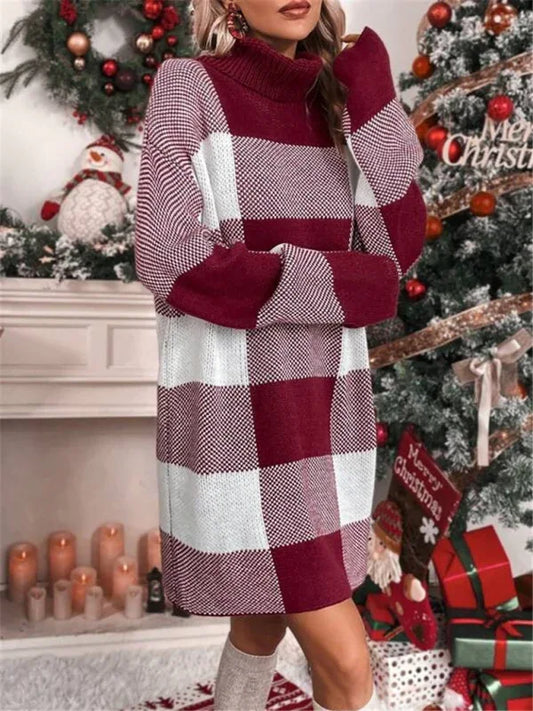 Turtleneck Loose Slimming Plaid Turtleneck Sweater Dress for Stylish Comfort - Shello's Creative Boutique