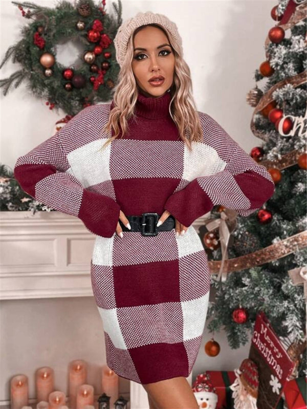 Christmas turtleneck loose slimming plaid contrast sweater dress Shello's Creative Boutique