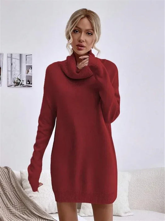 Women's Turtleneck Knitted Sweater Dress in Solid Color - Loose and Cozy Style - Shello's Creative Boutique