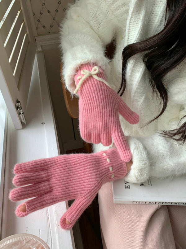 New women's warm, cute and versatile bow-knot warm touch screen fingerless gloves