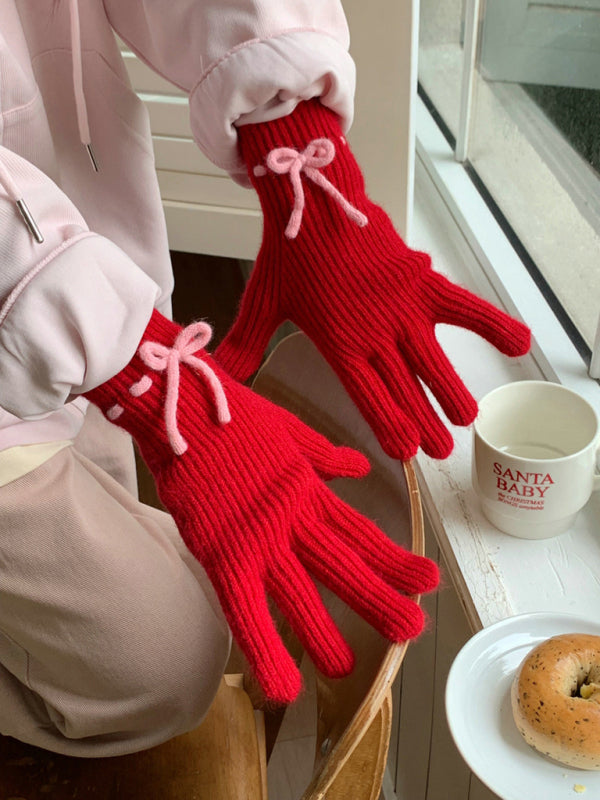 New women's warm, cute and versatile bow-knot warm touch screen fingerless gloves