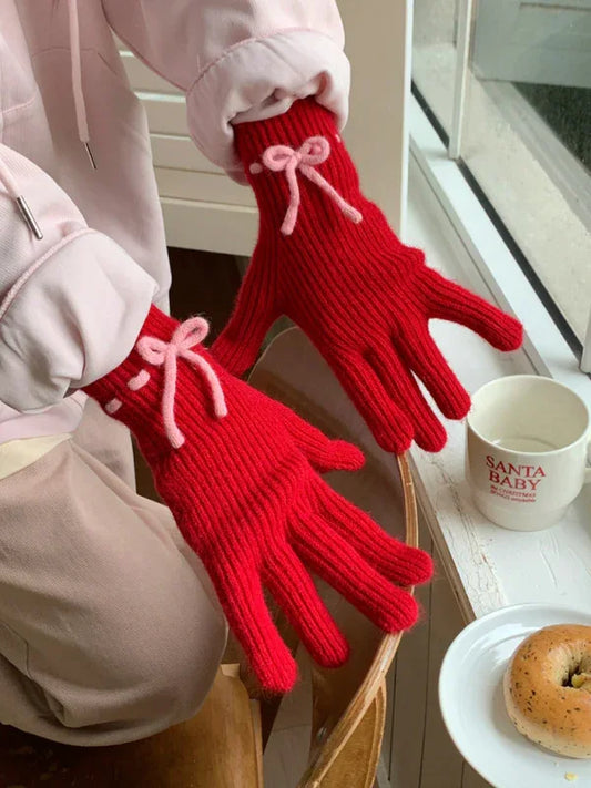 New women's warm, cute and versatile bow-knot warm touch screen fingerless gloves - Shello's Creative Boutique