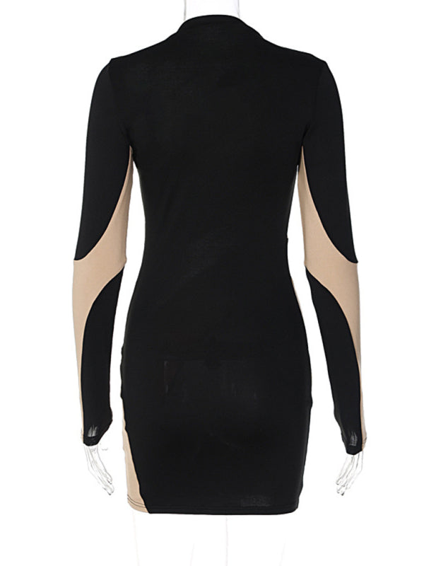 Spliced hollow round neck long-sleeved slim dress Shello's Creative Boutique