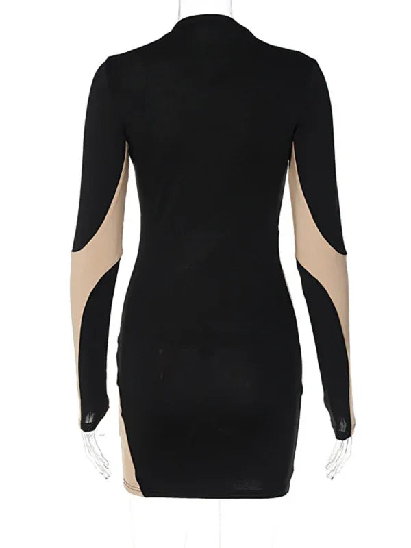 Spliced Hollow Round Neck Slim Long-Sleeved Dress - Shello Creative Boutique - Shello's Creative Boutique