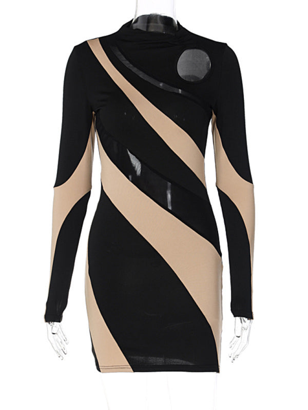 Spliced hollow round neck long-sleeved slim dress Shello's Creative Boutique