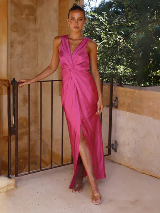 Women's V-Neck Knotted Pleated Sleeveless Dress | Elegant & Timeless Fashion - Shello's Creative Boutique