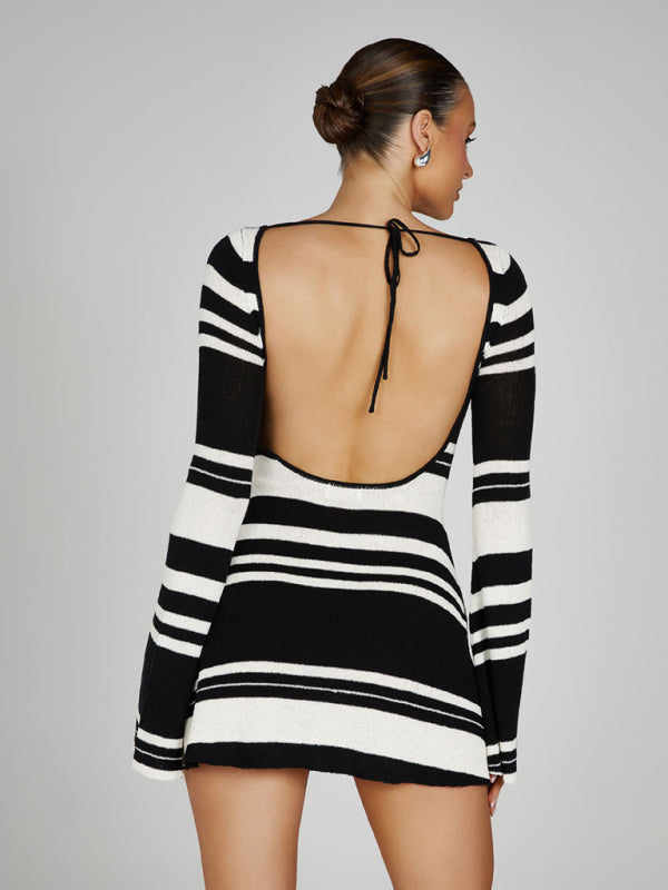 Women's bell sleeves backless striped slim knitted dress Shello's Creative Boutique
